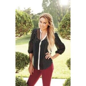 Lauren Conrad Black/Cream Polka Dot V-Neck Button Up Top Semi-Sheer Small